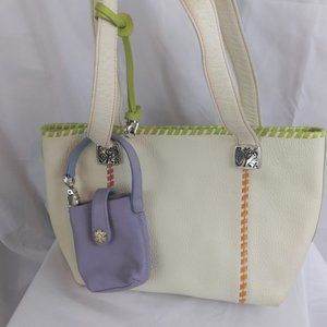 New Brighton White Leather Tote Handbag with Attached Phone Holder